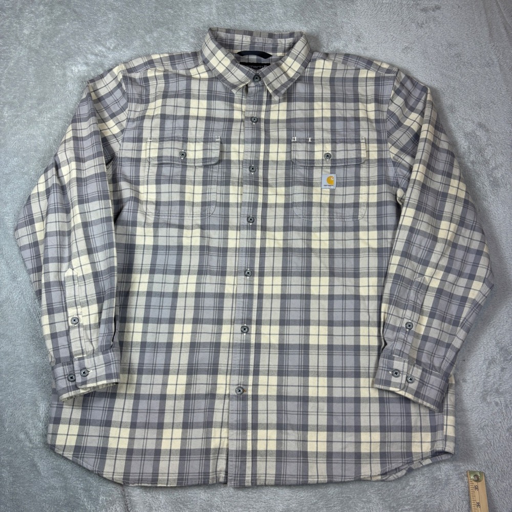 Carhartt Shirts Men XL Loose Fit Plaid Button Down Grey Cream Workwear
